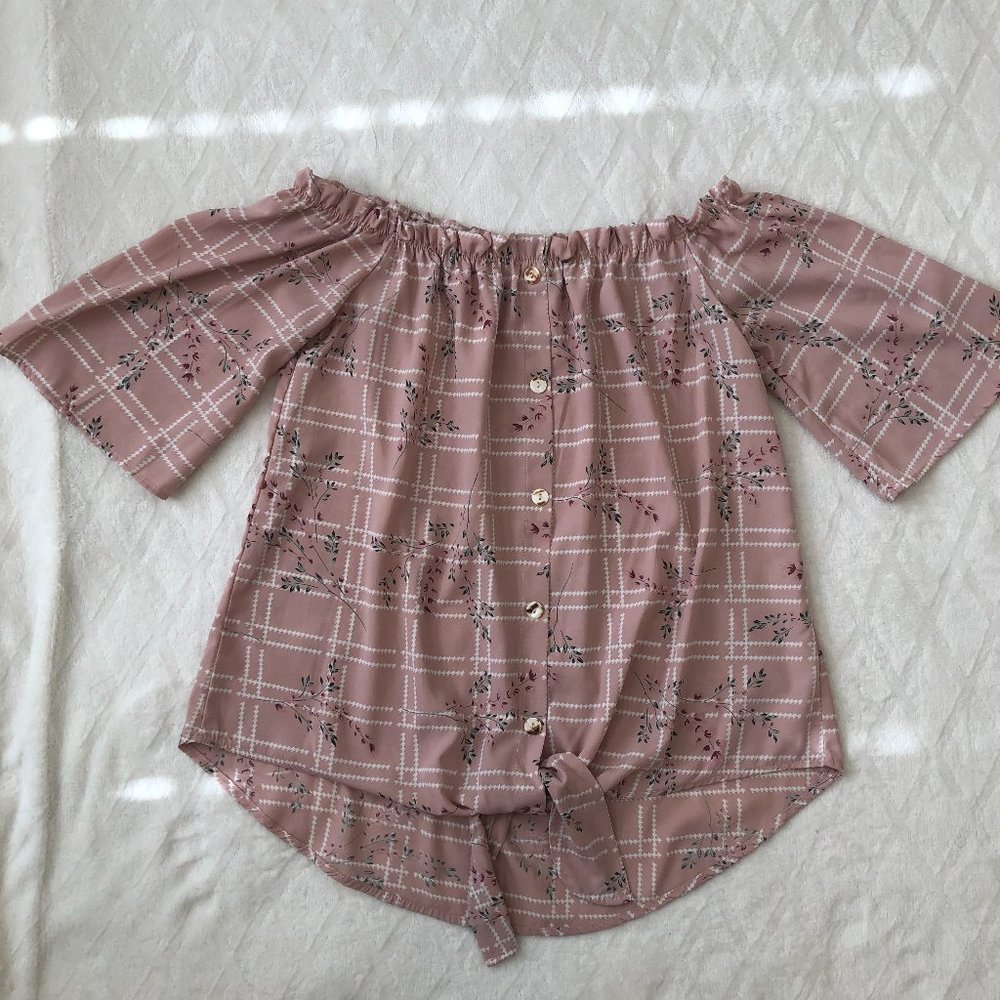 CY Fashion Women's Medium Mauve Blouse Floral Tie Front Button Up Off Shoulder